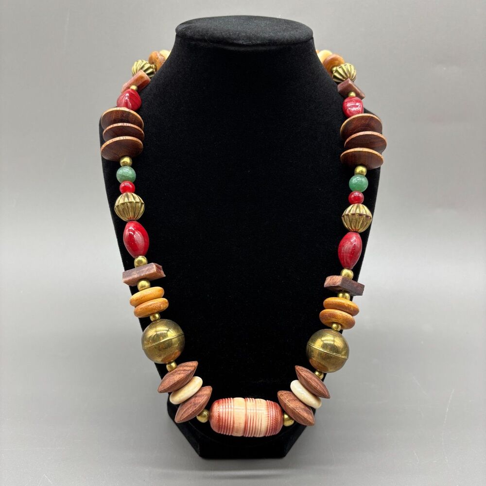 Vintage Boho Statement Necklace Brass Bone Horn Wood Stone Beads 1970s Tribal